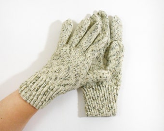 Knitted Wool Gloves - Beige, Beige, Size Large