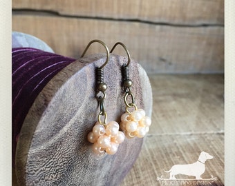 LAST ONE! Mini Pearl Cluster. Dangle Earrings -- (Vintage-Style, Beads, Peach, Romantic, Little Dangle, Bridal Jewelry, Cute, Gift Under 10)