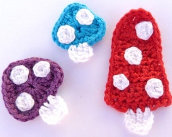 Nature appliques, Crochet appliques, 3 crochet toadstools, cardmaking, scrapbooking, appliques, craft embellishments, sewing accessories.