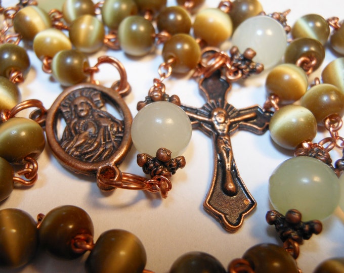 FREE SHIPPING Catholic Rosary 'Reflection' Olive Cat's Eye beads, 'new jade' sea green Our Father's, copper crucifix and center piece