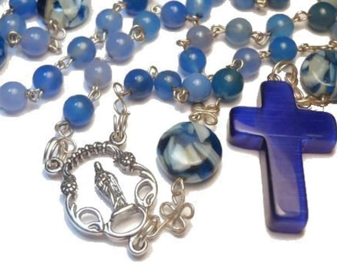 Blue agate rosary sterling silver 'Virgin Blue' handmade with blue agate and Mother of Pearl beads and free pouch