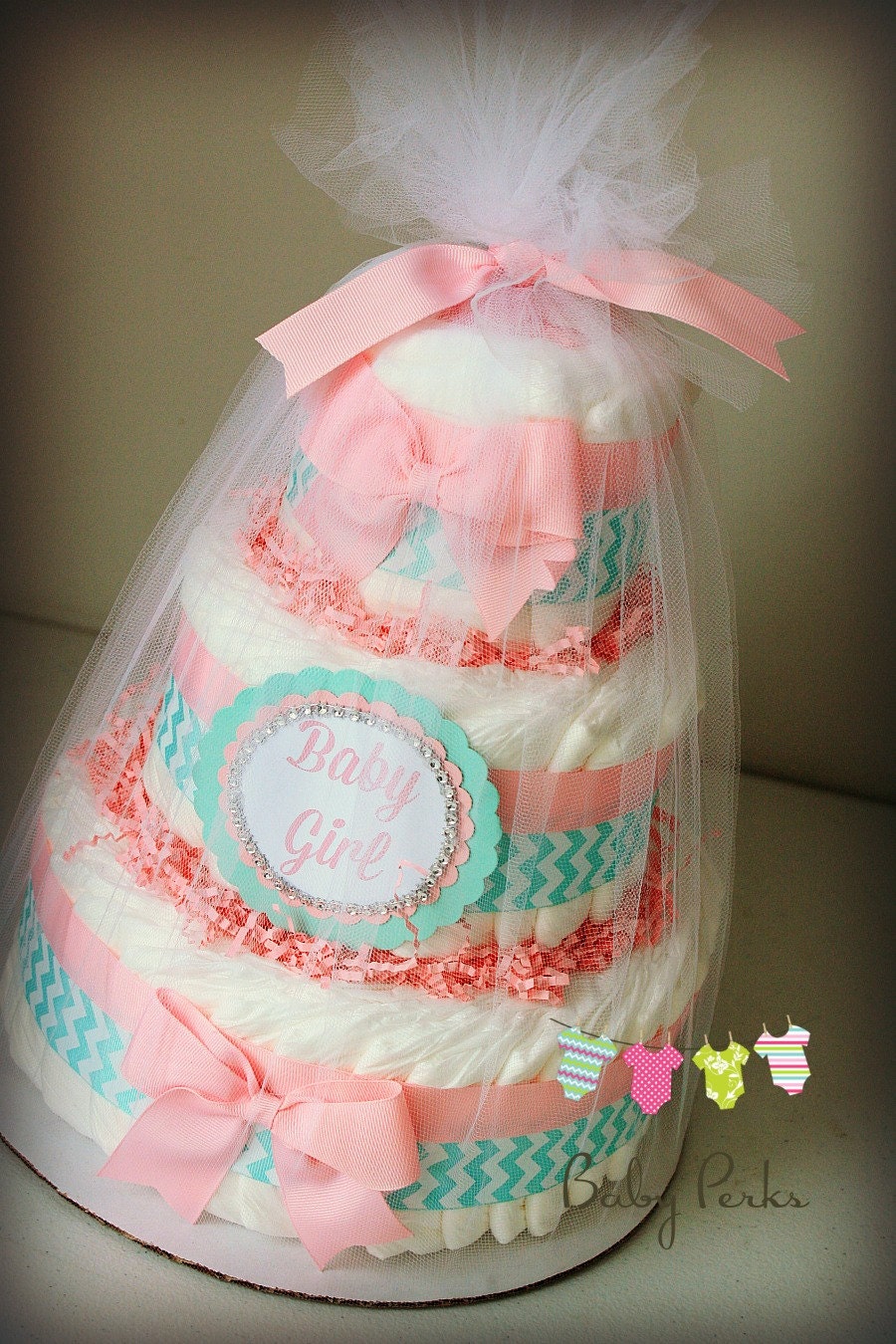 Pink and aqua Baby ShowerBaby Shower Diaper Cake Pink and