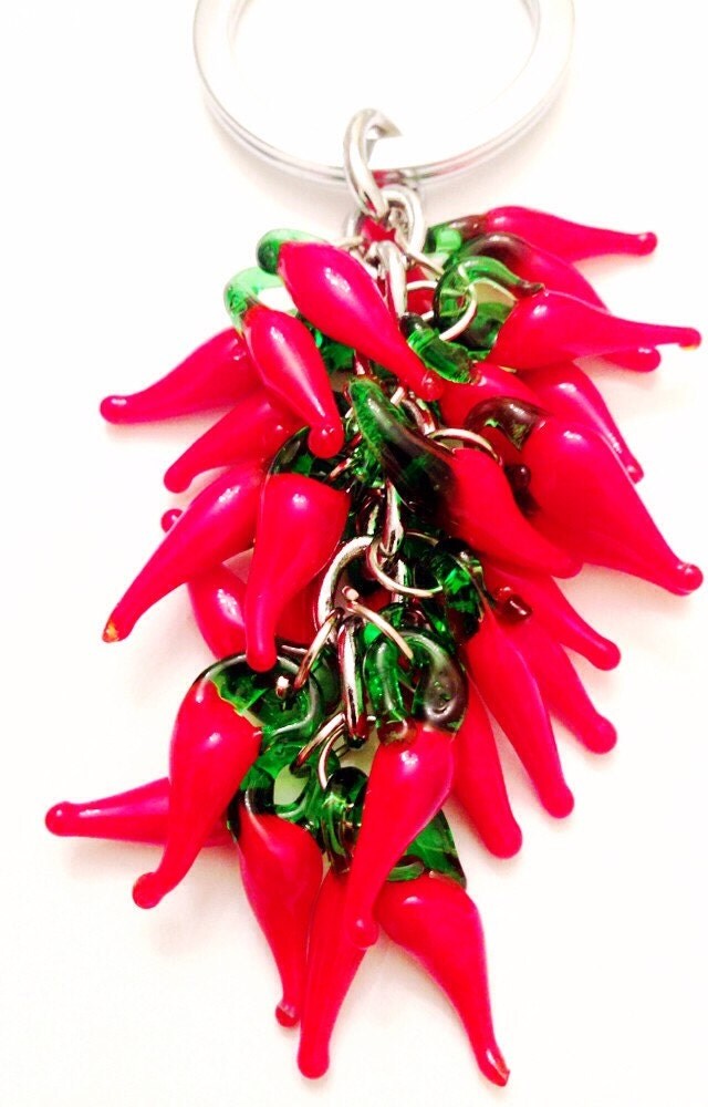 Lucky Lampwork Glass Chili Peppers Keychain