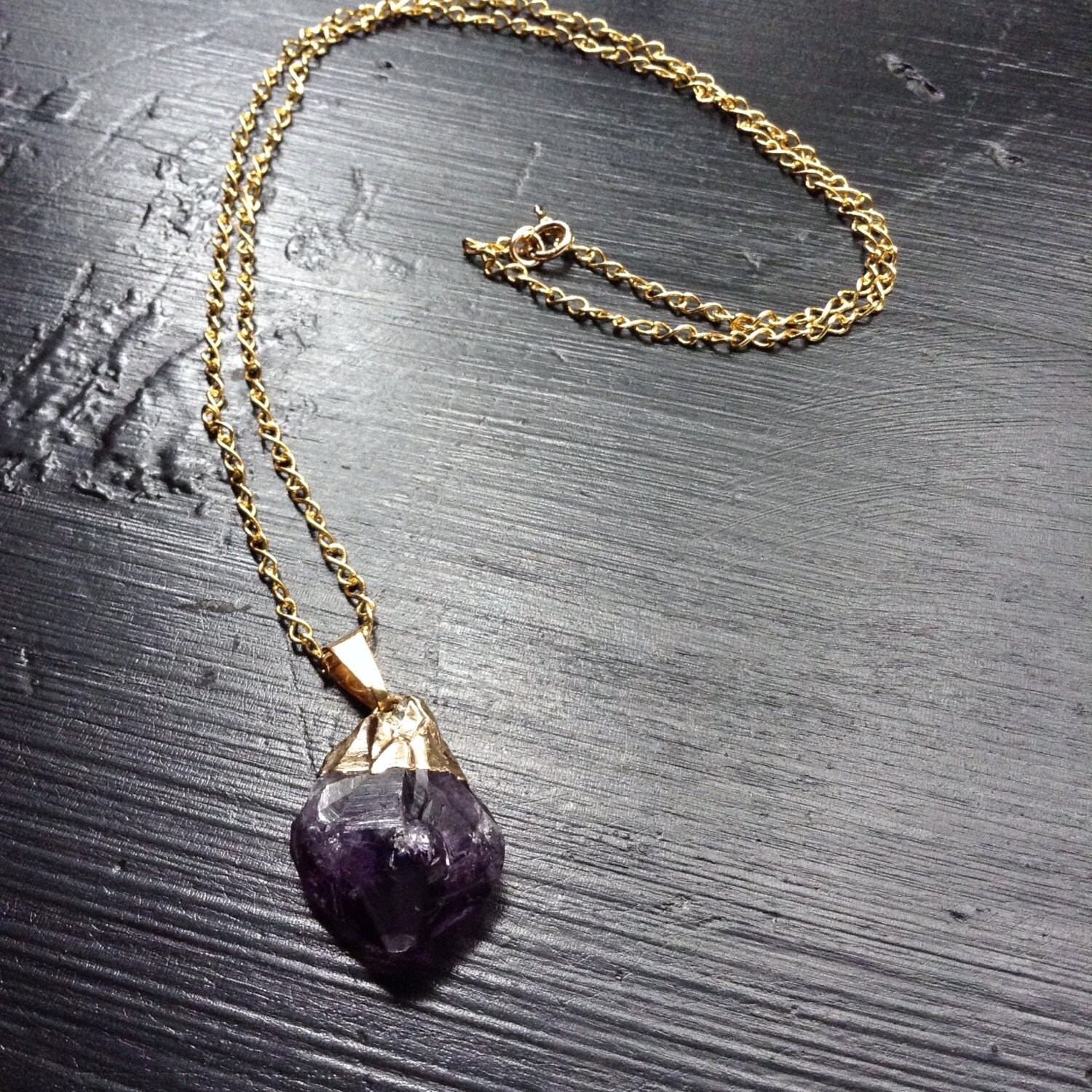 Rough Cut Solid Rock Amethyst Gold Pendant