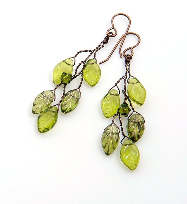 Green Leaf Earrings Green Twig Earrings Green Branch