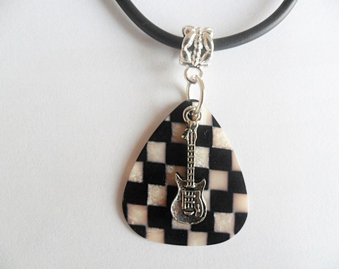 Chess guitar pick necklace with guitar charm adjustable cord from 18" to 20"