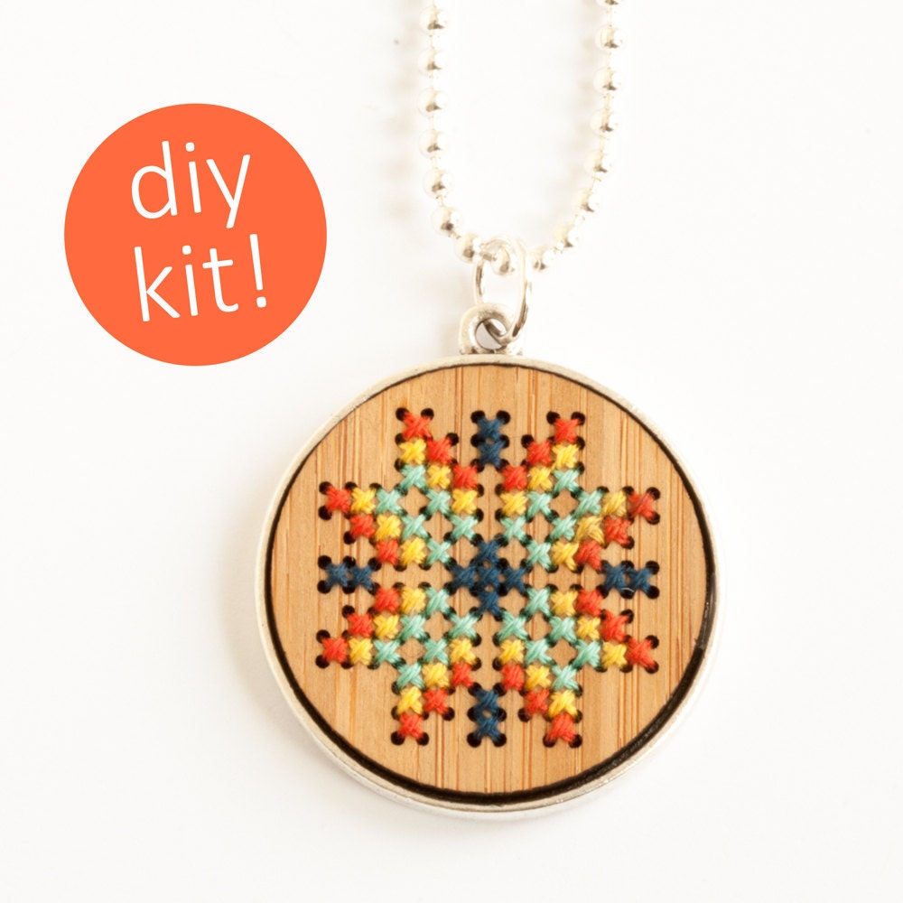 Modern Cross Stitch Jewelry // Hand Stitched Wood Necklace in