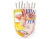 3D wall art, Yellow Wall Mask, Original mask, Mixed media mask, Abstract ceramic (Wall Art),  Ceramic mask,  Ceramic home decor