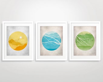 Mid Century Modern Wall Art Set, Circle Art, Set of 3 Prints, Midcentury Art, Nature Art Prints, Landscape Art