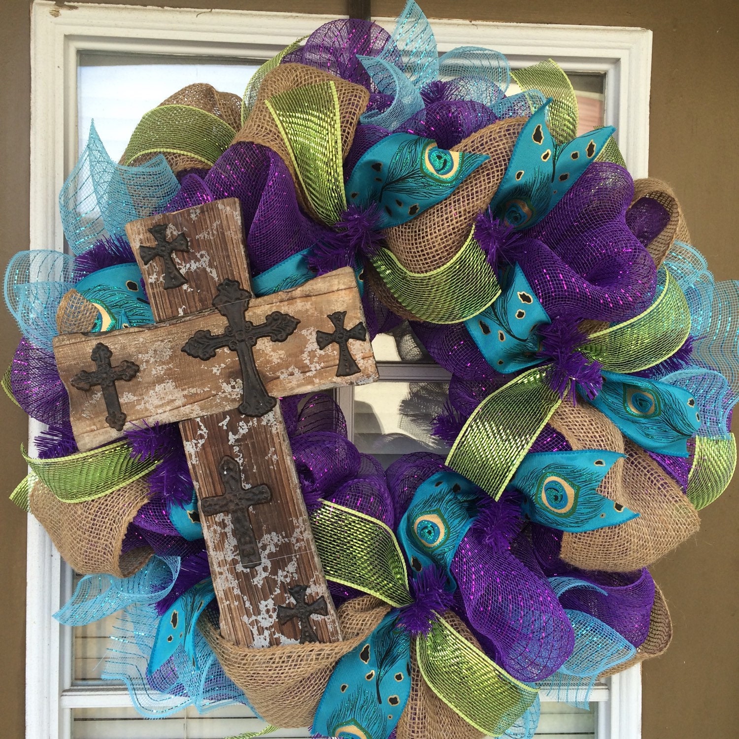 Peacock cross turquoise mesh wreath