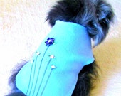 Dog Outfit Fleece "Flower Garden" Coat, Custom for Small Dogs - Sky Blue with Multi Floral Trim - Toy and Teacup Poodle Size Pet Clothes