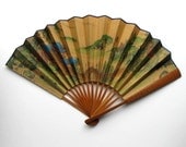 Mid Century gold Asian Hand Fan, Home Decor, Retro Collectible, original box, gift idea