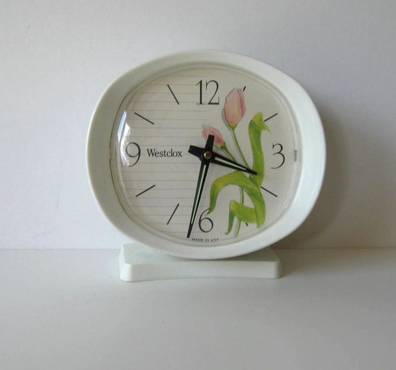Vintage Westclox Wind Up Alarm Clock pink tulips bedroom