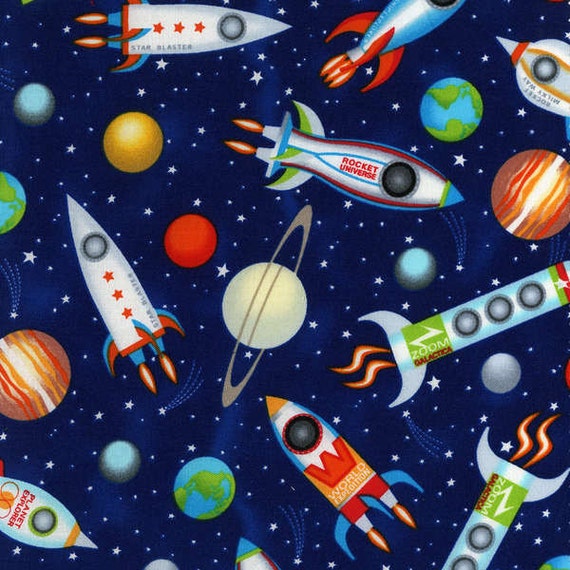 Timeless Treasures fabric ROCKET SHIPS on Navy