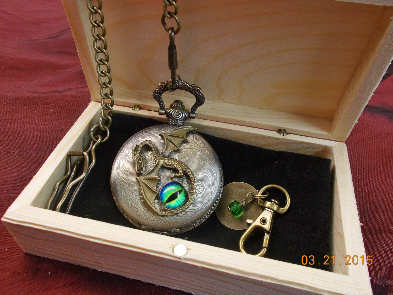 Pocket Watch - Monogrammed Key Ring - Zipper Pull - Steampunk - Pterodactyl - Dragon - Eye - Swarovski Crystal - In Wood Box - Free Shipping