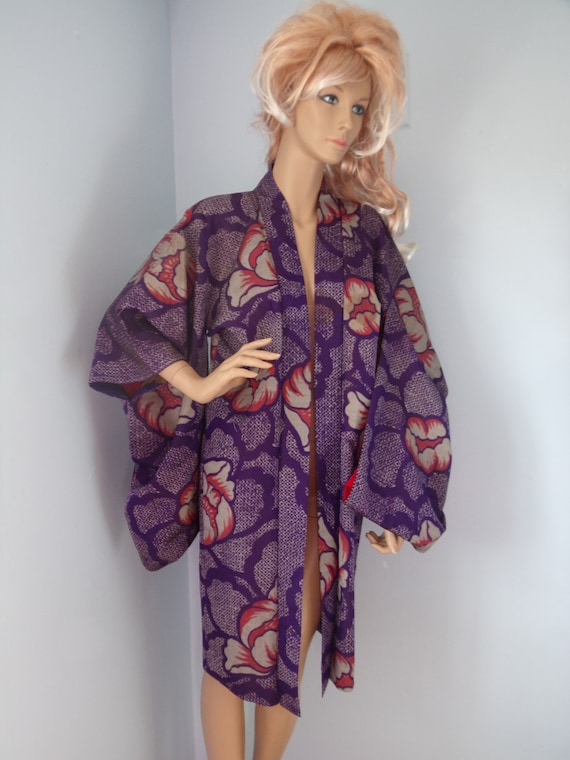 Vintage Silk Haori Jacket Vintage Kimono Purple Floral Kimono Jacket