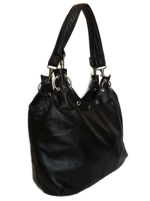 Black leather tote bag everyday purse fashion shoulder handbag