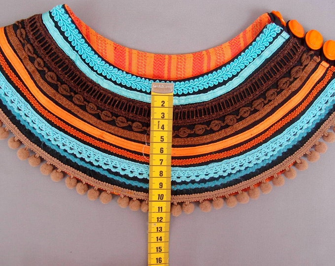 Orange Turquoise Ethnic Necklace Chocolate Orange Textile Collar Handmade Art Textile Jewelry Burning Man Clothing