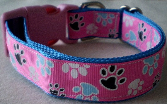 Pink & Blue Paws Dog Collar medium by dlkompare on Etsy