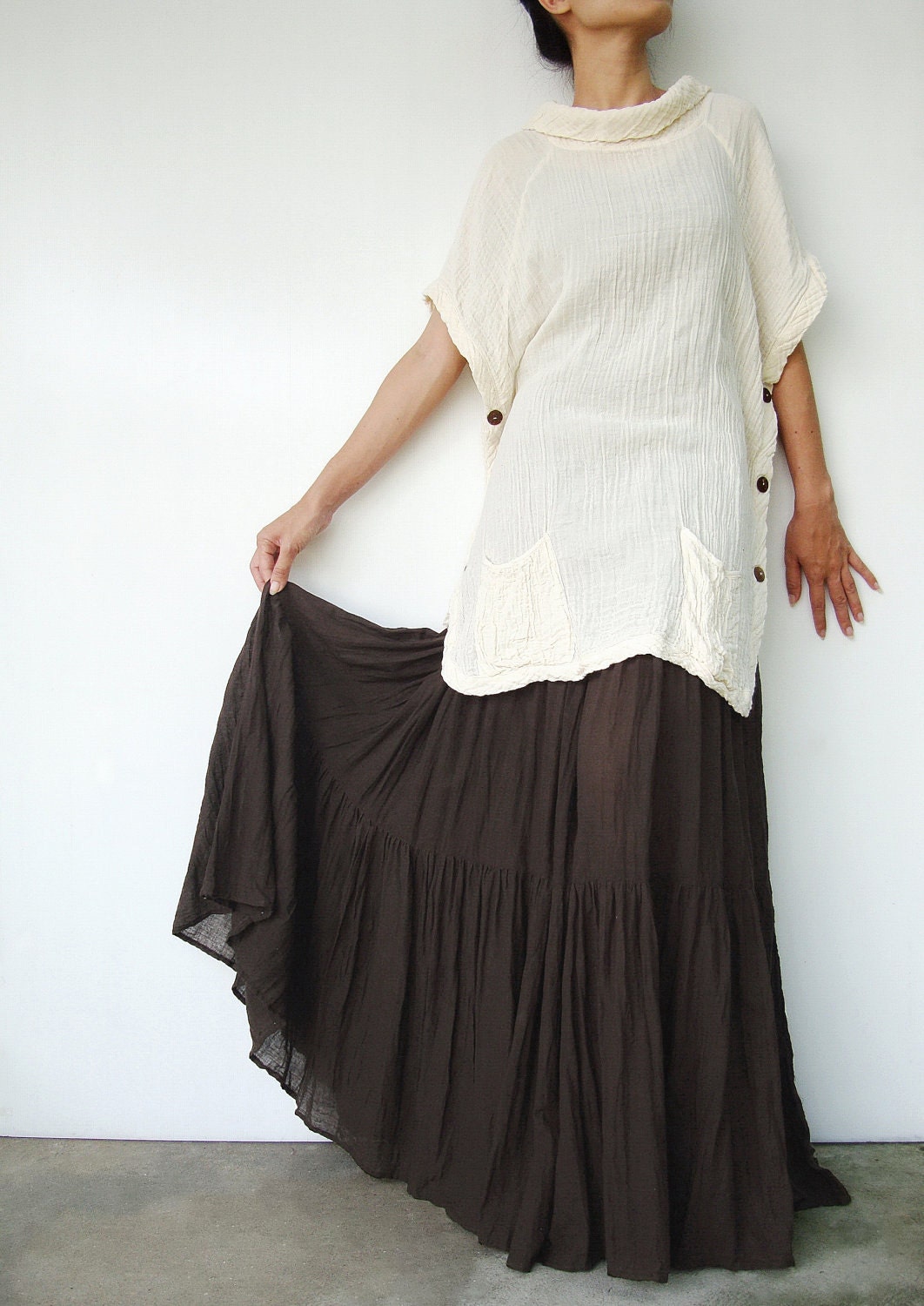 NO.5 Brown Cotton Hippie Gypsy Boho Tiered Long Peasant Skirt