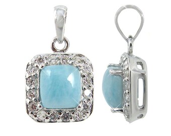 Beautiful, Sparkling Sterling Silver Square Larimar Pendant With Round White Topaz Stones