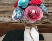 Pink & Aqua Paper Bouquet with Vase, Paper Flowers