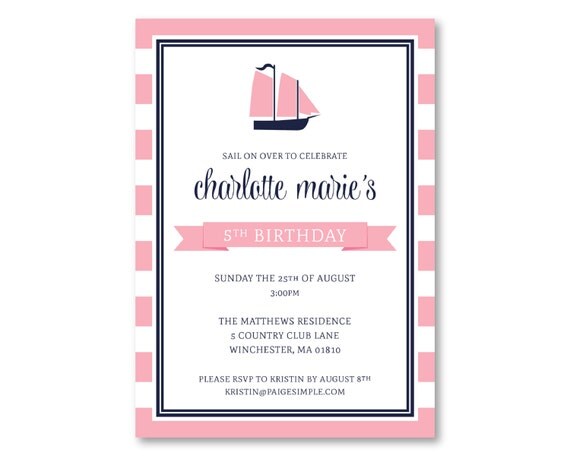 Preppy Nautical Birthday Invitation (Pink Nautical Party Invitation, Nautical Baby Shower, Sailboat Invitation, Sailboat Party, First) Il_570xn