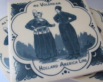 Set of 4 Vintage Dutch Holland America Line TILE Coasters or Decorative Tiles/ Dutch Folk Art Home Decor/ Barware/ Kitchen or Bath Tiles