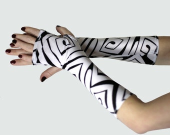 Black and White Spirals fingerless gloves - Arm Warmer Handschuhe Silky Gothic Yoga Cycling Running Emo Vampire Spirals Goth Gypsy