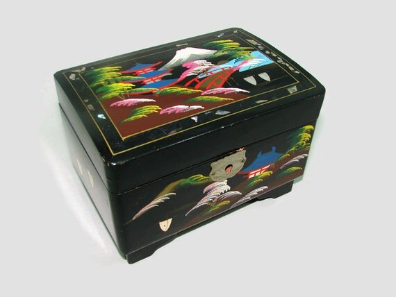 Vintage Japanese Black Lacquer Jewelry Box with Working Music
