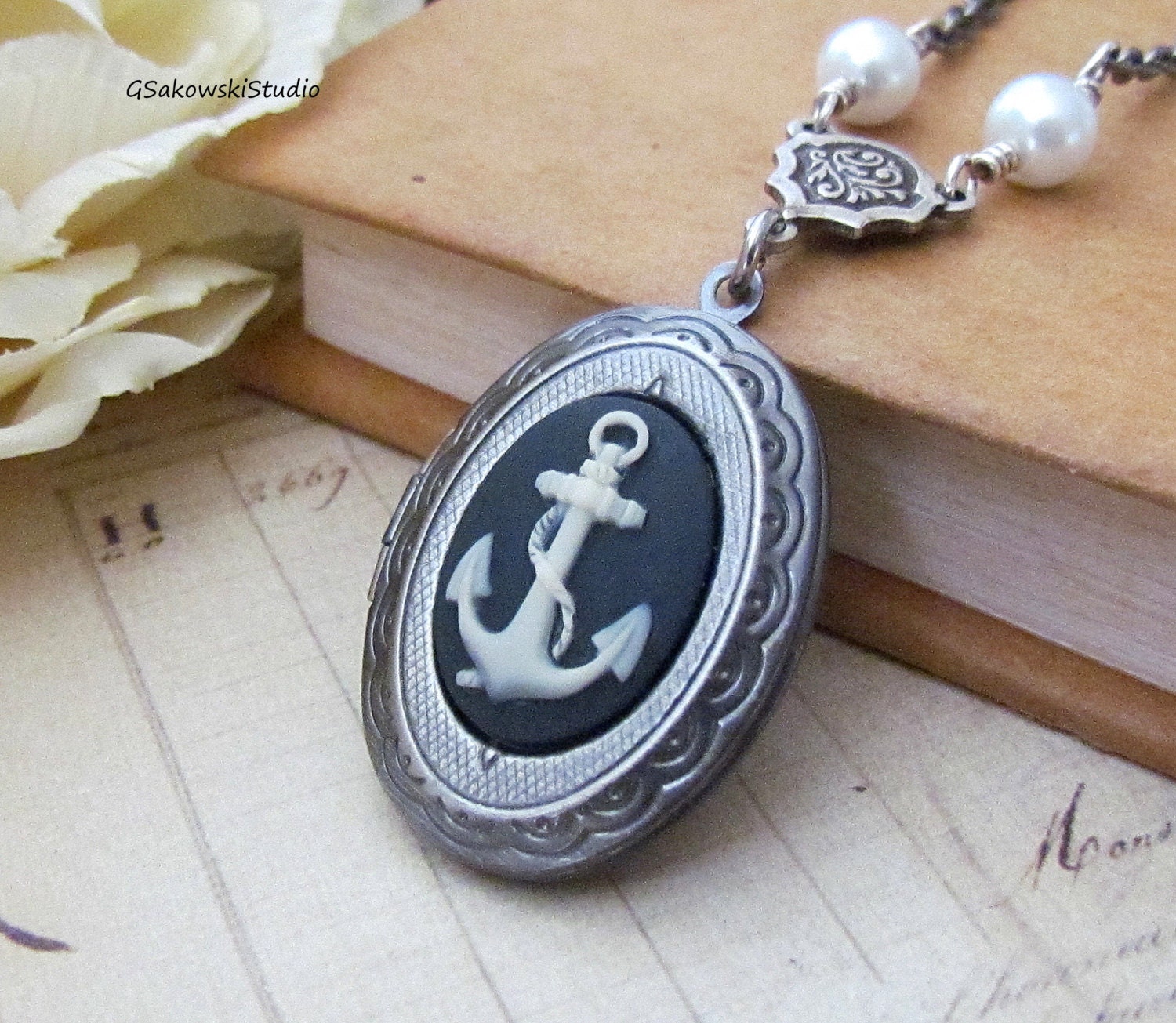 Anchor Locket Necklace Vintage Inspired Antique Silver Anchor