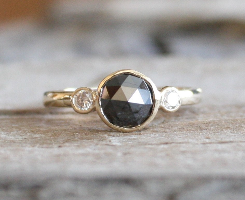 3 Stone Rose Cut Black Diamond Bezel Ring in 14K Yellow Gold