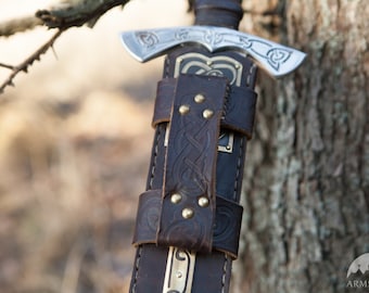 Sword Leather Sheath with Etched Brass Accents; Viking's Armor