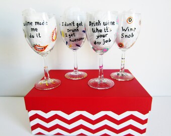 4 piece funny wine glass gift set hand painted wine glasses with decorative photo box wine made me do it wine snob i dont get drunk awesome