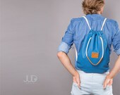Blue canvas backpack - multi sack bag - SALE waterproof canvas rucksack - drawstring backpack - handbag mens - hipster backpack