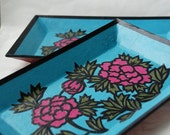 Blue Hanji Trays Plates Flower Design Rectangular Hanji Paper Tray Handmade (Set of 2)