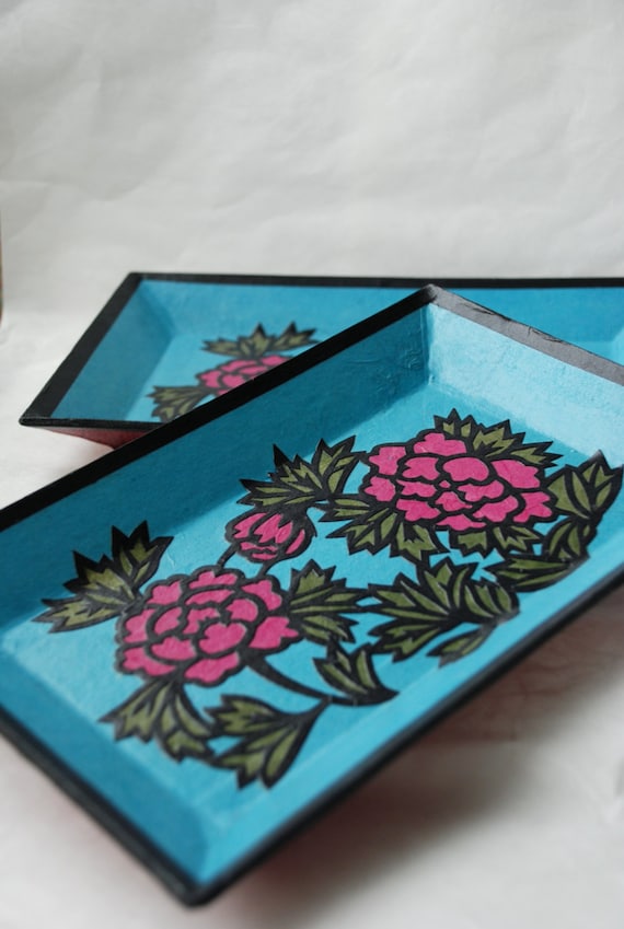 Blue Hanji Trays Plates Flower Design Rectangular Hanji Paper Tray Handmade (Set of 2)