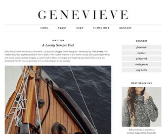 Blogger Template Premade Blog Design - "Genevieve" Instant Digital Download, Black and Simple