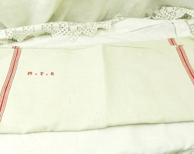 Excellent Condition Large Antique French Ecru Linen Tea Towel with Woven Red Stripes and 3 Small Red Cross Stitch Monogram M T R / Cottage Excellent Condition Large Antique French Ecru Linen Tea Towel with Woven Red Stripes and 3 Small Red Cross Stitch Monogram M T R / Cottage