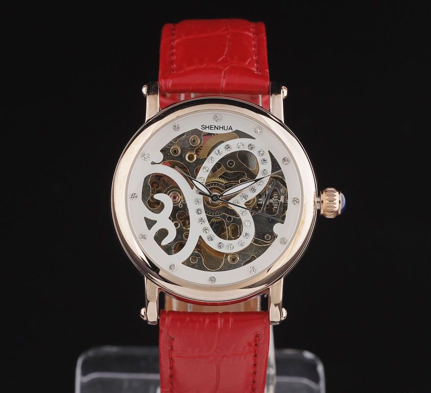 Women's Skeleton Watch Steampunk Watch Rose Gold Unique Butterfly Skeleton Dial Automatic Self Winding Gift for Her RED
