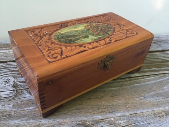 Vintage Cedar Carved Wood Box Jewelry Box Trinket BoxWood