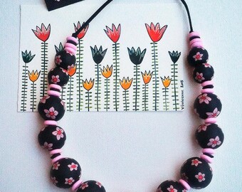 Black & Light pink polymer clay necklace, fimo balls necklace, Millefiori technique.
