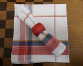 French vintage linen/cotton napkins, woven checked white, red, blue and yellow, set of six French vintage linen/cotton napkins, woven checked white, red, blue and yellow, set of six