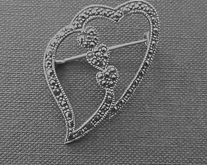 Sterling Heart Brooch Marcasite Double Hearts Modernist Vintage Heart Pin