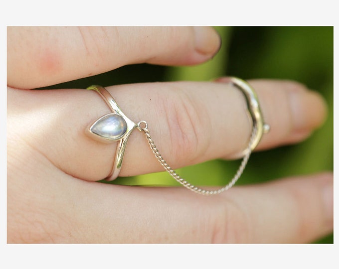 Natural Rainbow Moonstone Chain Sterling Silver Ring, Chevron midi Ring with matching ring and chain, Boho Style Ring