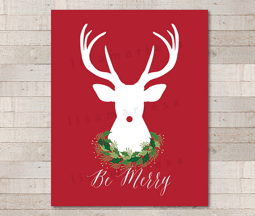 Holiday Deer Printable Artwork 8x10 DIY Digital Print, Be Merry, Deer with Wreath