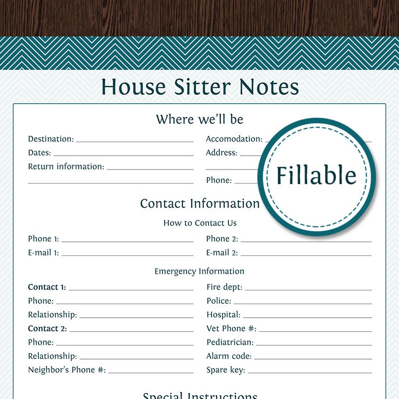 House Sitter Notes Fillable Printable PDF Instant