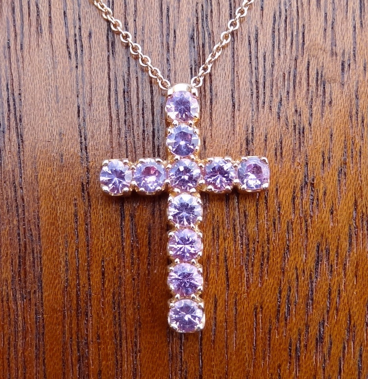 Fine Pink Sapphire Cross Pendant on Cable Chain by DeAguiarDesigns