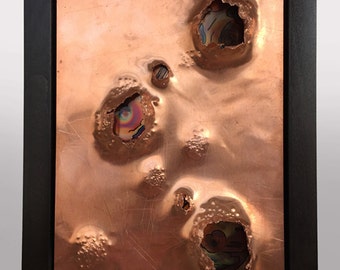 Wait - Flame painted, inked, and hammered copper wall art. Framed.