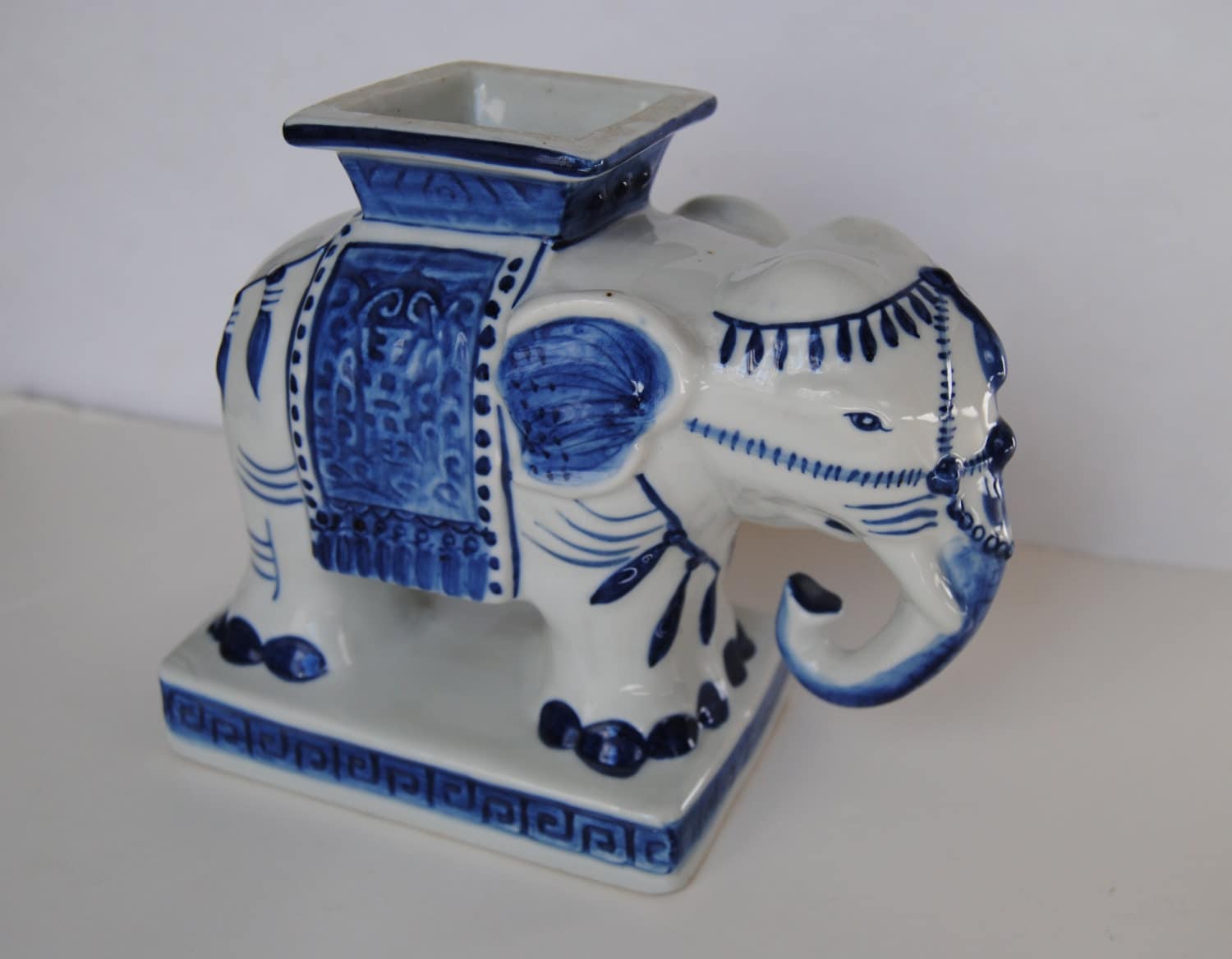 Vintage Blue and White Ceramic Elephant Plant Stand Vase